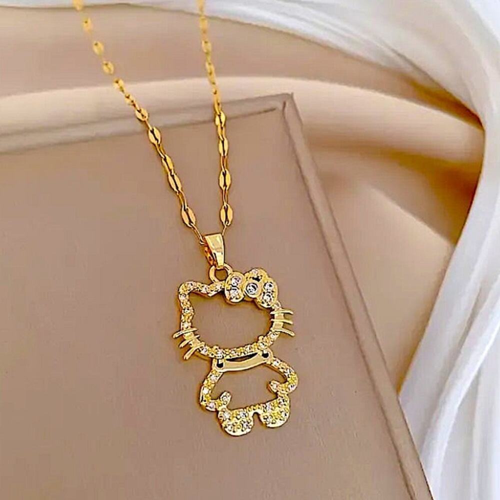 Gold Hello Kitty Hollow Zircon Necklace